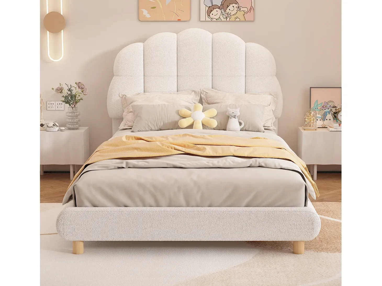 Cama acolchoada 90 x 200 cm, cama de bebé macia, cabeceira bonita, base de ripas, branco