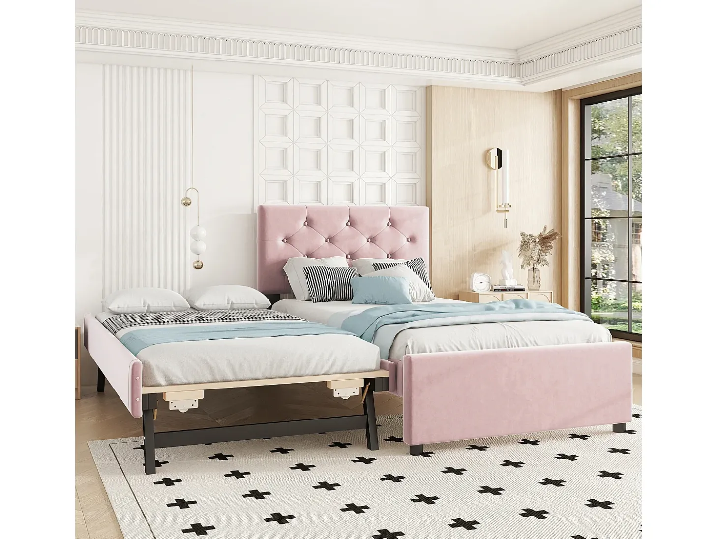 Cama acolchoada 90x200 cm em veludo com cama extra 90x190 cm, estrado de ripas, cama infantil rosa, sem colchão