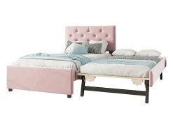 Cama acolchoada 90x200 cm em veludo com cama extra 90x190 cm, estrado de ripas, cama infantil rosa, sem colchão