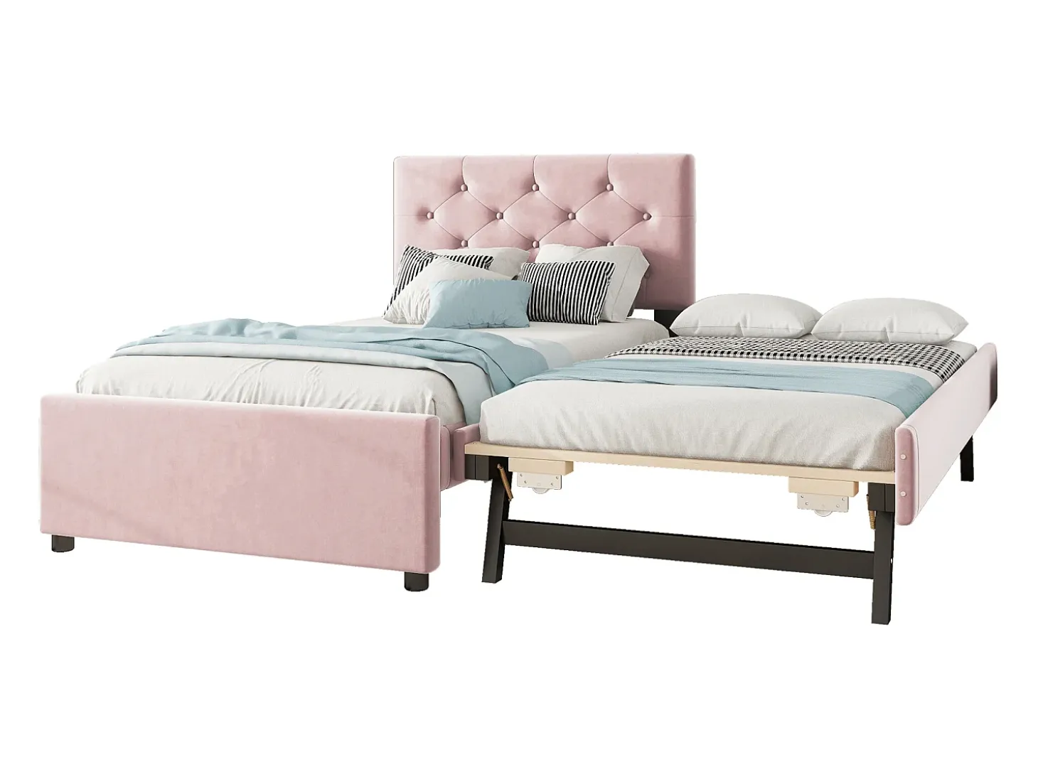 Cama acolchoada 90x200 cm em veludo com cama extra 90x190 cm, estrado de ripas, cama infantil rosa, sem colchão