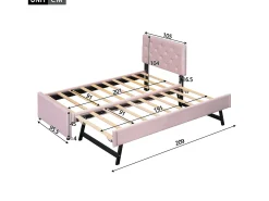 Cama acolchoada 90x200 cm em veludo com cama extra 90x190 cm, estrado de ripas, cama infantil rosa, sem colchão