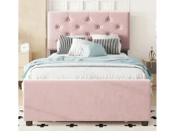 Cama acolchoada 90x200 cm em veludo com cama extra 90x190 cm, estrado de ripas, cama infantil rosa, sem colchão