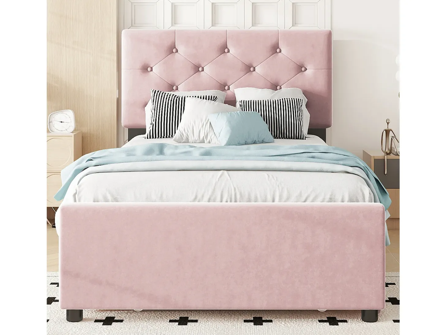 Cama acolchoada 90x200 cm em veludo com cama extra 90x190 cm, estrado de ripas, cama infantil rosa, sem colchão