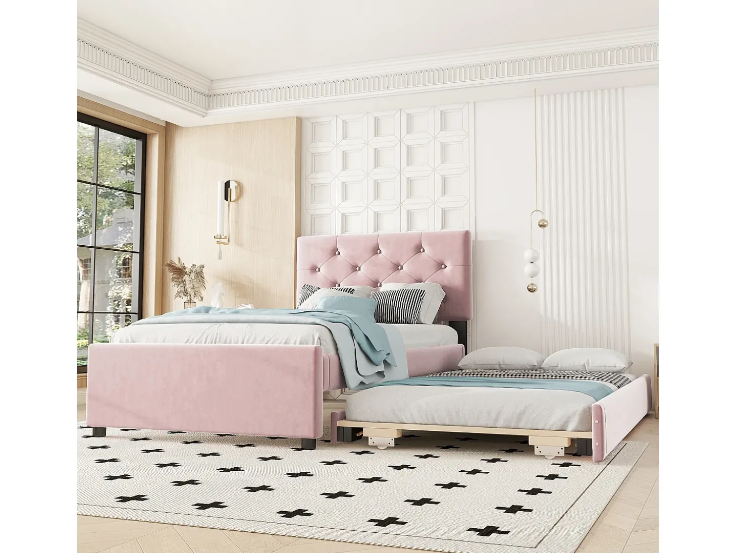 Cama acolchoada 90x200 cm em veludo com cama extra 90x190 cm, estrado de ripas, cama infantil rosa, sem colchão
