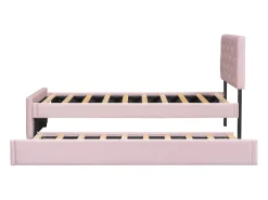 Cama acolchoada 90x200 cm em veludo com cama extra 90x190 cm, estrado de ripas, cama infantil rosa, sem colchão