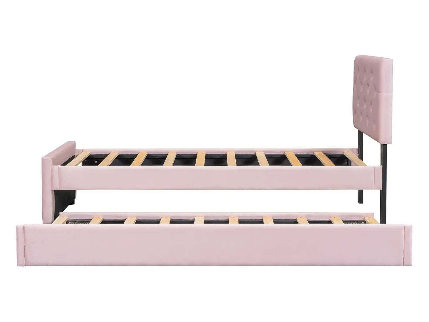 Cama acolchoada 90x200 cm em veludo com cama extra 90x190 cm, estrado de ripas, cama infantil rosa, sem colchão