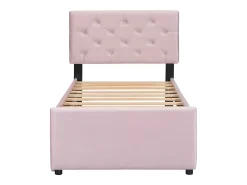 Cama acolchoada 90x200 cm em veludo com cama extra 90x190 cm, estrado de ripas, cama infantil rosa, sem colchão