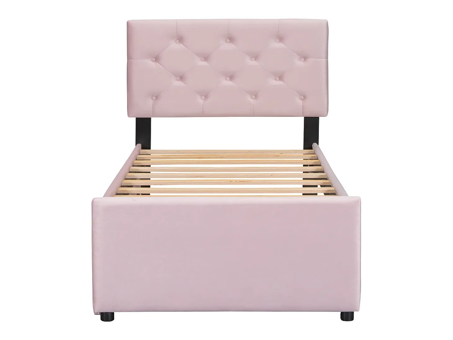 Cama acolchoada 90x200 cm em veludo com cama extra 90x190 cm, estrado de ripas, cama infantil rosa, sem colchão