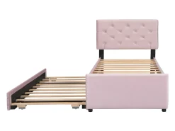 Cama acolchoada 90x200 cm em veludo com cama extra 90x190 cm, estrado de ripas, cama infantil rosa, sem colchão