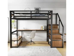 Cama alta - 140 x 200 cm - com escada de armazenamento + prateleiras + mesa - metal - preto