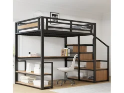 Cama alta - 140 x 200 cm - com escada de armazenamento + prateleiras + mesa - metal - preto