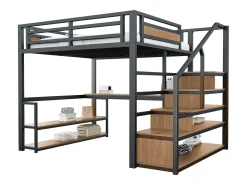 Cama alta - 140 x 200 cm - com escada de armazenamento + prateleiras + mesa - metal - preto