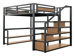 Cama alta - 140 x 200 cm - com escada de armazenamento + prateleiras + mesa - metal - preto