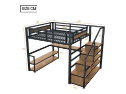 Cama alta - 140 x 200 cm - com escada de armazenamento + prateleiras + mesa - metal - preto