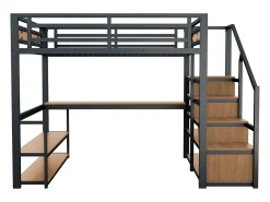 Cama alta - 140 x 200 cm - com escada de armazenamento + prateleiras + mesa - metal - preto