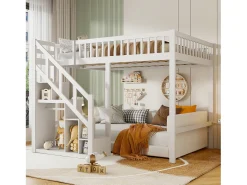 Cama alta 90 x 200 cm, cama infantil multifuncional com espaço de armazenamento, escadas, branca