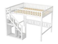 Cama alta 90 x 200 cm, cama infantil multifuncional com espaço de armazenamento, escadas, branca