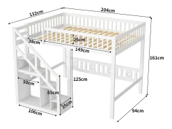 Cama alta 90 x 200 cm, cama infantil multifuncional com espaço de armazenamento, escadas, branca