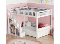 Cama alta 90 x 200 cm, cama infantil multifuncional com espaço de armazenamento, escadas, branca