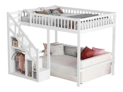 Cama alta 90 x 200 cm, cama infantil multifuncional com espaço de armazenamento, escadas, branca
