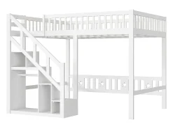 Cama alta 90 x 200 cm, cama infantil multifuncional com espaço de armazenamento, escadas, branca