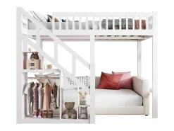 Cama alta 90 x 200 cm, cama infantil multifuncional com espaço de armazenamento, escadas, branca