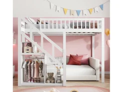 Cama alta 90 x 200 cm, cama infantil multifuncional com espaço de armazenamento, escadas, branca