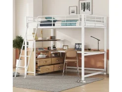 Cama alta 140 x 200 cm com escrivaninha de canto em L e 4 gavetas - Metal - Branco (sem colchão)
