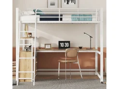 Cama alta 140 x 200 cm com escrivaninha de canto em L e 4 gavetas - Metal - Branco (sem colchão)