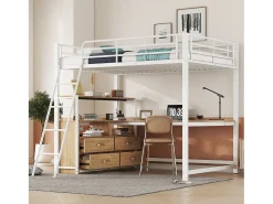 Cama alta 140 x 200 cm com escrivaninha de canto em L e 4 gavetas - Metal - Branco (sem colchão)