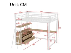 Cama alta 140 x 200 cm com escrivaninha de canto em L e 4 gavetas - Metal - Branco (sem colchão)