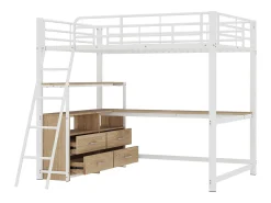 Cama alta 140 x 200 cm com escrivaninha de canto em L e 4 gavetas - Metal - Branco (sem colchão)