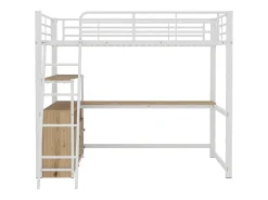 Cama alta 140 x 200 cm com escrivaninha de canto em L e 4 gavetas - Metal - Branco (sem colchão)