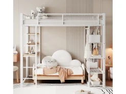 Cama alta 140 x 200 cm com mesa e prateleiras de armazenamento - metal - base de ripas - branca (sem colchão)