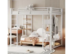Cama alta 140 x 200 cm com mesa e prateleiras de armazenamento - metal - base de ripas - branca (sem colchão)