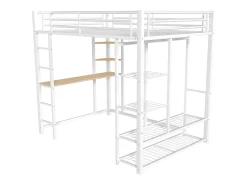 Cama alta 140 x 200 cm com mesa e prateleiras de armazenamento - metal - base de ripas - branca (sem colchão)
