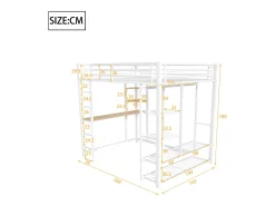 Cama alta 140 x 200 cm com mesa e prateleiras de armazenamento - metal - base de ripas - branca (sem colchão)