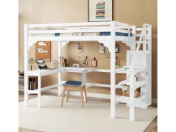 Cama alta 140 x 200 cm com mesa de canto e guarda-roupa - madeira de pinho - base de ripas - branco
