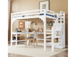 Cama alta 140 x 200 cm com mesa de canto e guarda-roupa - madeira de pinho - base de ripas - branco