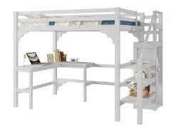 Cama alta 140 x 200 cm com mesa de canto e guarda-roupa - madeira de pinho - base de ripas - branco