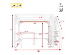 Cama alta 140 x 200 cm com mesa de canto e guarda-roupa - madeira de pinho - base de ripas - branco