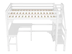 Cama alta 140 x 200 cm com mesa de canto e guarda-roupa - madeira de pinho - base de ripas - branco