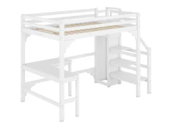 Cama alta 140 x 200 cm com mesa de canto e guarda-roupa - madeira de pinho - base de ripas - branco