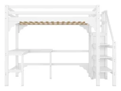 Cama alta 140 x 200 cm com mesa de canto e guarda-roupa - madeira de pinho - base de ripas - branco