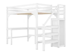 Cama alta 140 x 200 cm com mesa de canto e guarda-roupa - madeira de pinho - base de ripas - branco