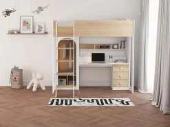 cama alta 90 x 190 cm com roupeiro e secretária cor natural e branco + colchão - ALVENOU