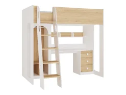 cama alta 90 x 190 cm com roupeiro e secretária cor natural e branco + colchão - ALVENOU