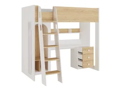 cama alta 90 x 190 cm com roupeiro e secretária cor natural e branco + colchão - ALVENOU