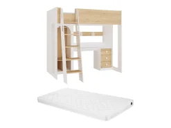 cama alta 90 x 190 cm com roupeiro e secretária cor natural e branco + colchão - ALVENOU