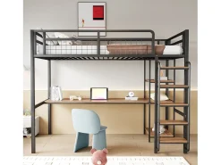 Cama alta 90 x 200 cm com secretária e prateleiras de arrumação - Metal e MDF - para crianças - Preto